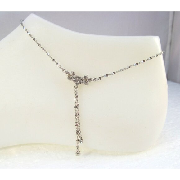 Silvertone Floral Rhinestone Dangling Anklet Signed - Picture 1 of 14